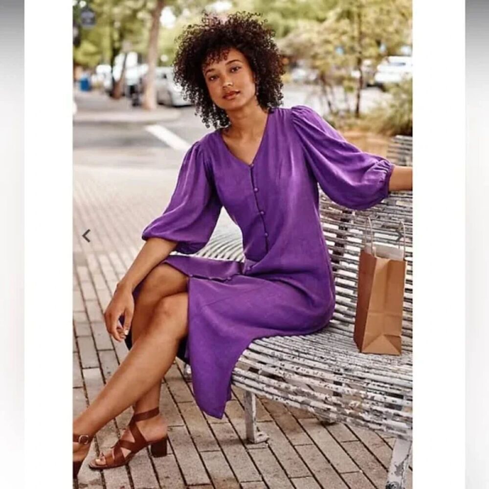 NWT J. JILL *Flawed* Purple Linen Button Up Puff Sleeve V-Neck Midi Dress Small